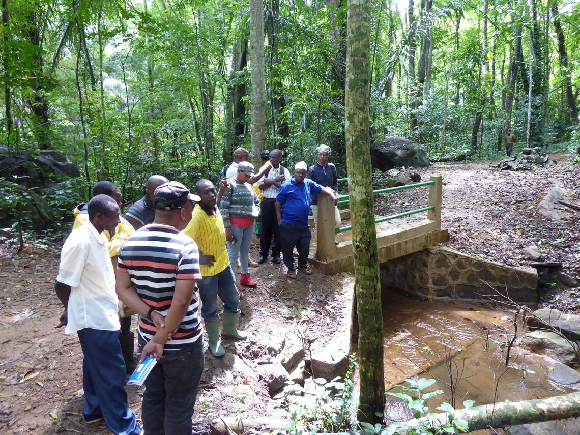Villagers discuss ways to protect the Amani Flatwing damselfly by the stream where it is present 